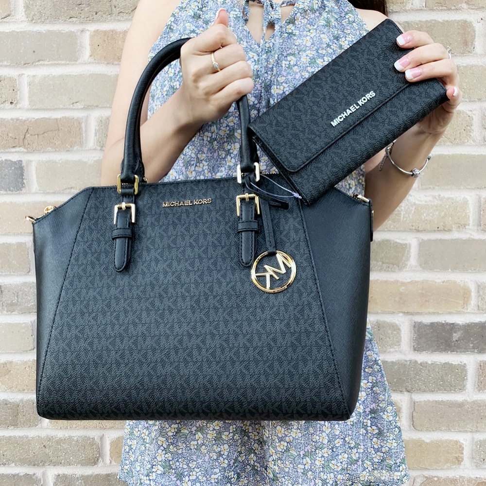 NWT Michael Kors Large Satchel Black Wallet SET - Picture 1 of 7